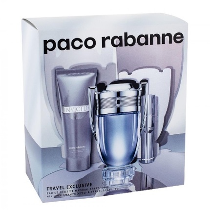 Invictus by Paco Rabanne 3pc Gift Set For Men EDT 3.4 oz + All over Shampoo 2.5 oz + Mini 0.34 oz for Men