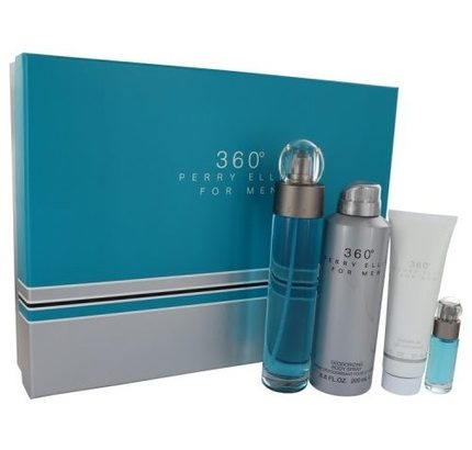 360 by Perry Ellis 4pc Gift Set EDT 3.4 oz + Deodorant Body Spray 6.8 oz + Shower Gel 3.0 oz + Mini 0.25 oz for Men