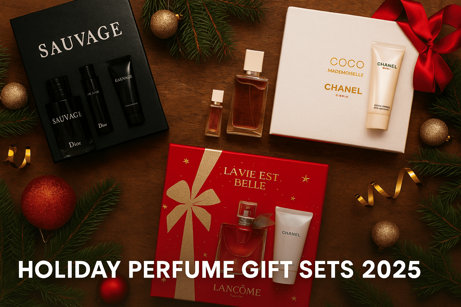 Luxury holiday perfume gift sets 2025 with festive packaging, red ribbons, and designer bottles